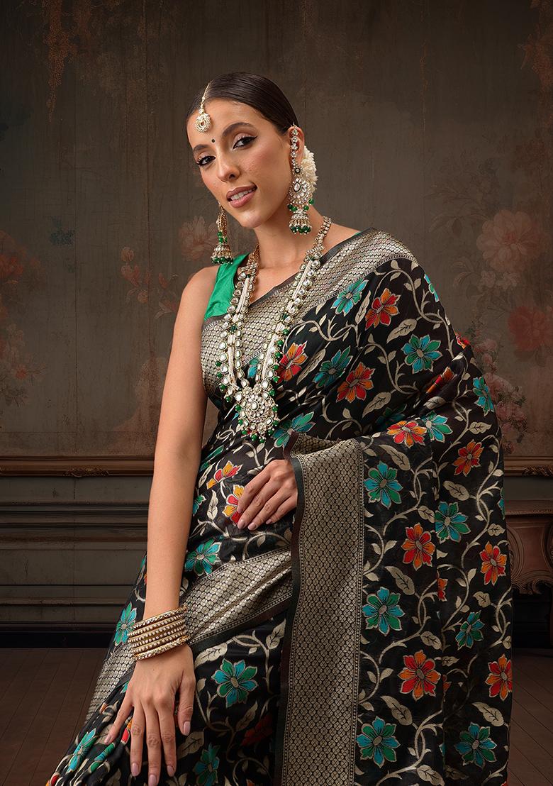 Black Floral Printed Cotton Saree