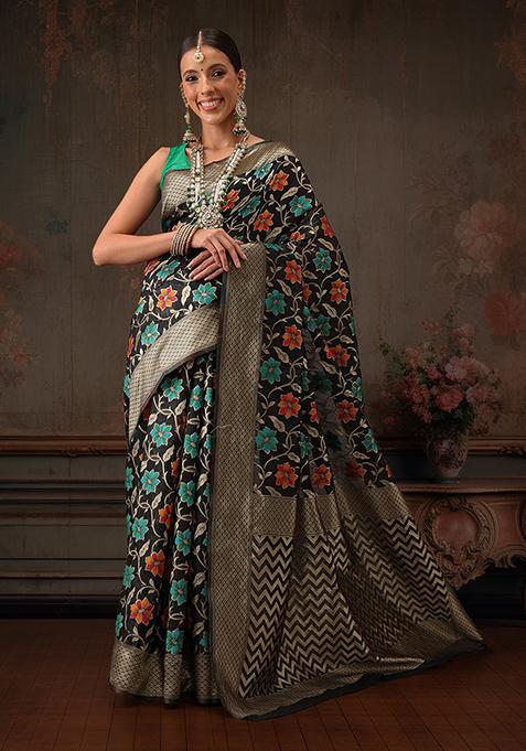Black Floral Printed Cotton Saree