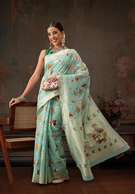 Teal Floral Printed Cotton Saree