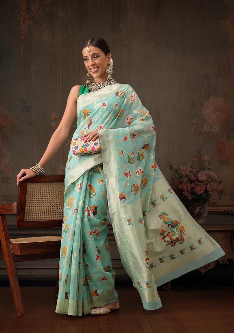 Teal Floral Printed Cotton Saree