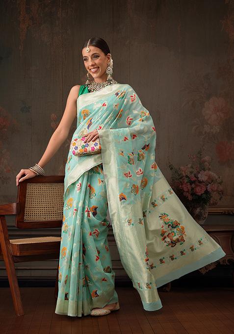 Teal Floral Printed Cotton Saree