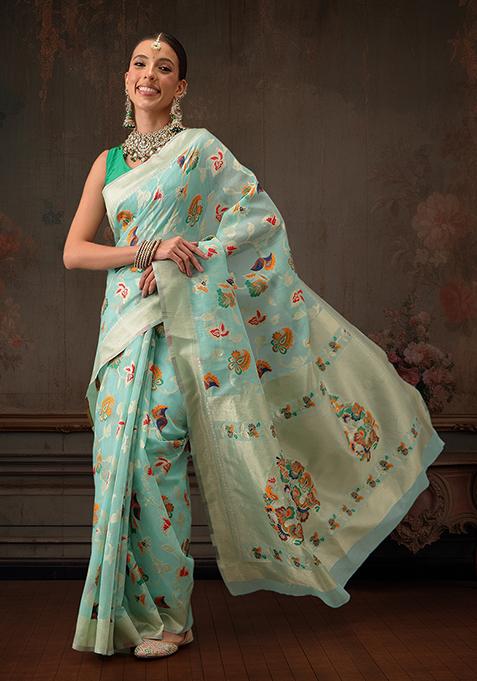 Teal Floral Printed Cotton Saree