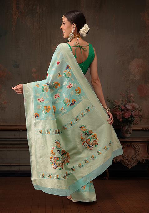 Teal Floral Printed Cotton Saree