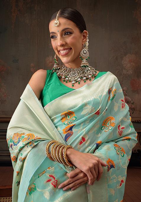 Teal Floral Printed Cotton Saree