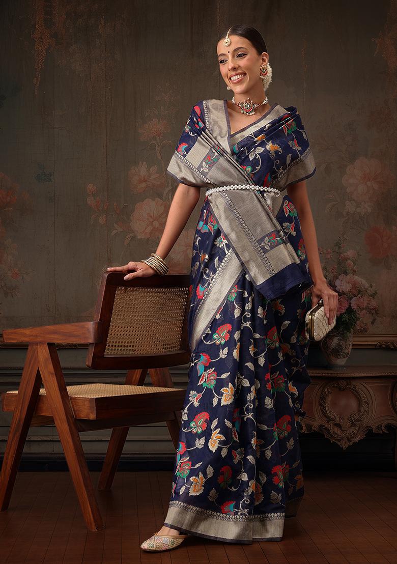 Navy Blue Floral Printed Cotton Saree