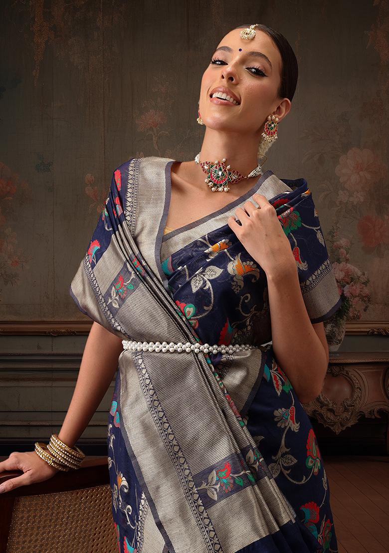 Navy Blue Floral Printed Cotton Saree