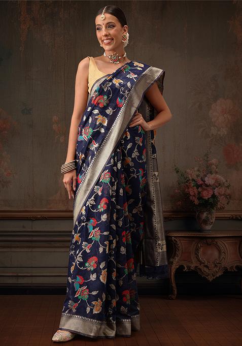 Navy Blue Floral Printed Cotton Saree