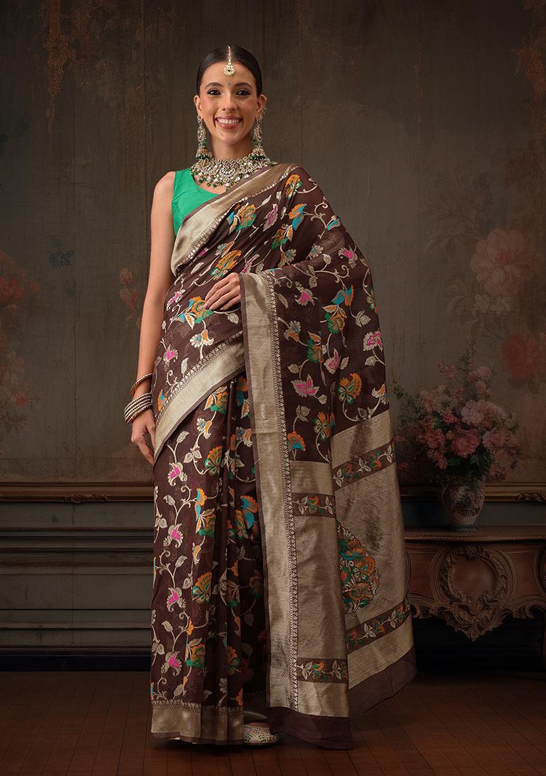 Brown Floral Printed Cotton Saree
