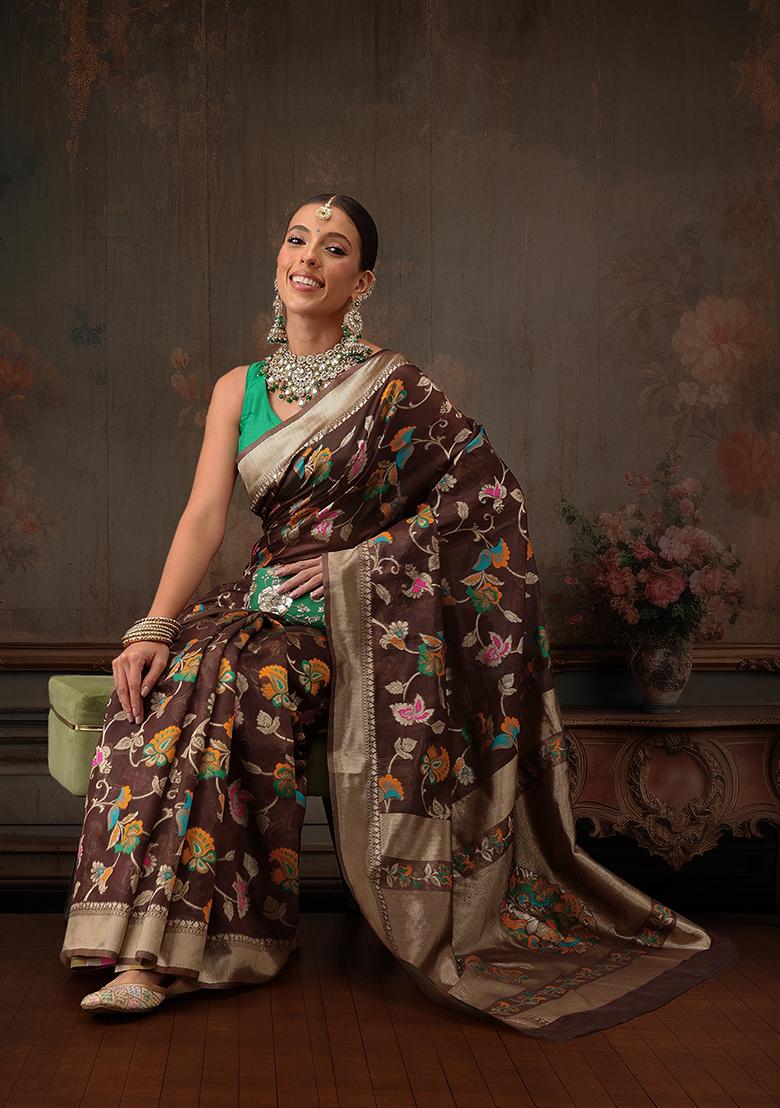 Brown Floral Printed Cotton Saree