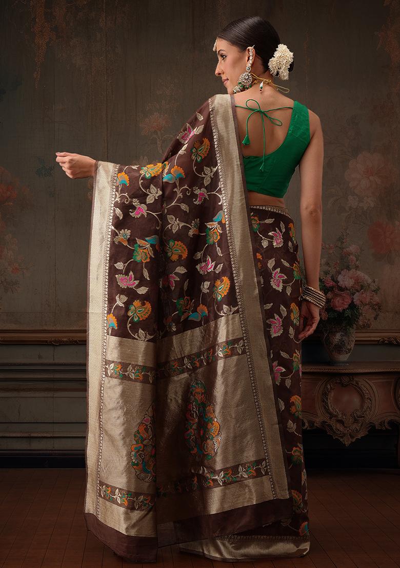 Brown Floral Printed Cotton Saree