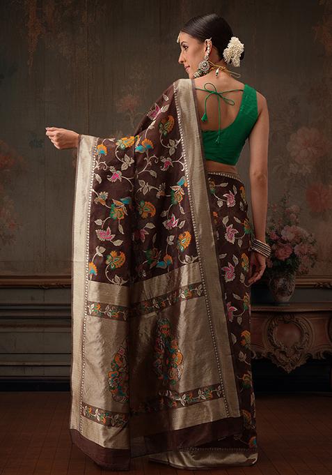 Brown Floral Printed Cotton Saree