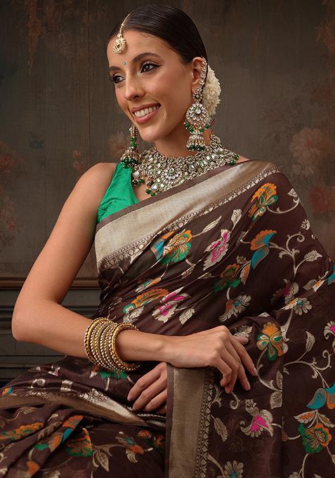 Brown Floral Printed Cotton Saree