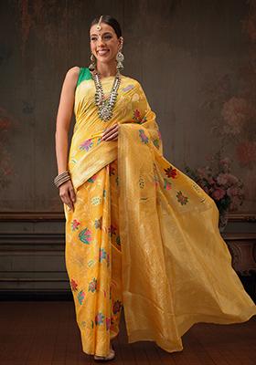 Mustard Floral Printed Cotton Saree
