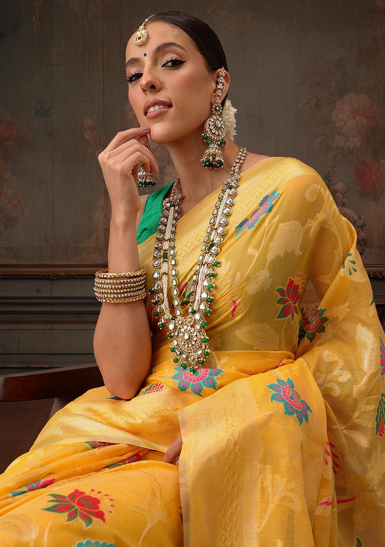 Mustard Floral Printed Cotton Saree