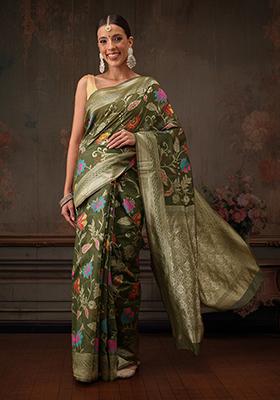 Green Floral Printed Cotton Saree