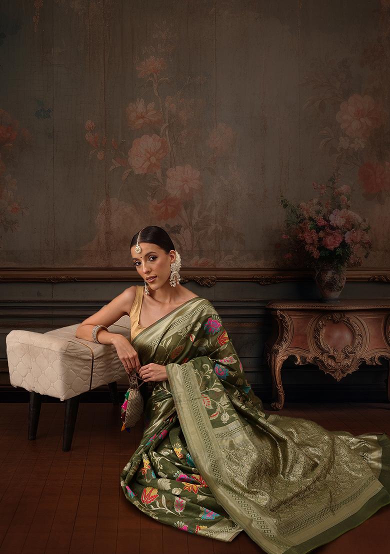 Green Floral Printed Cotton Saree