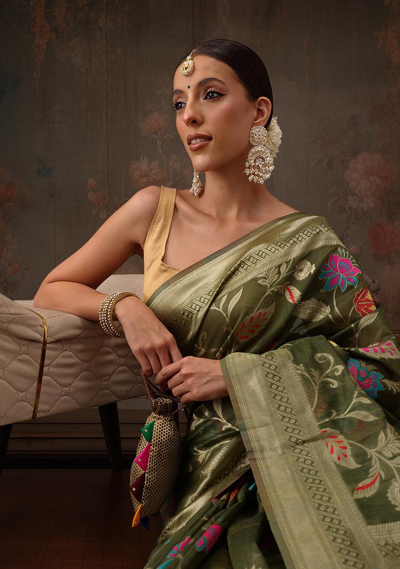 Green Floral Printed Cotton Saree