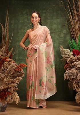 Peach Printed Tissue Silk Saree