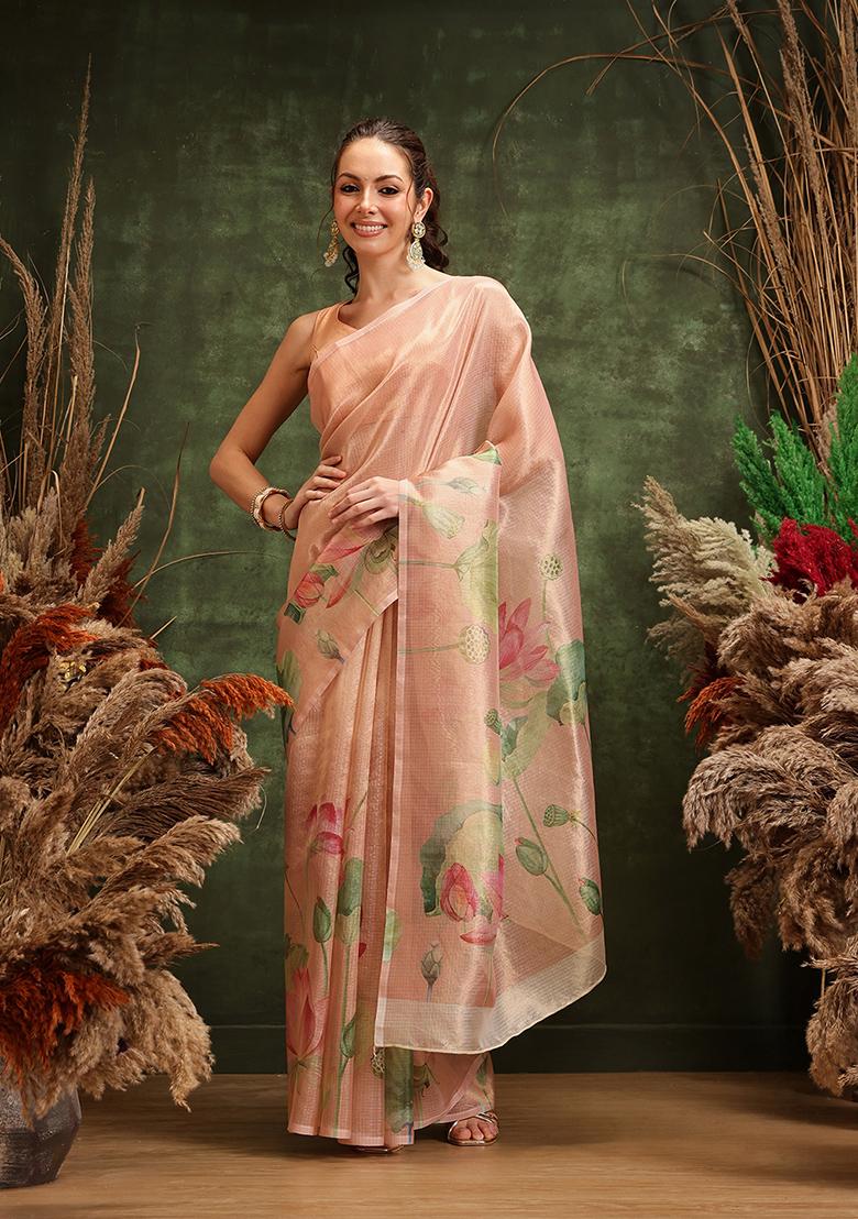 Peach Printed Tissue Silk Saree