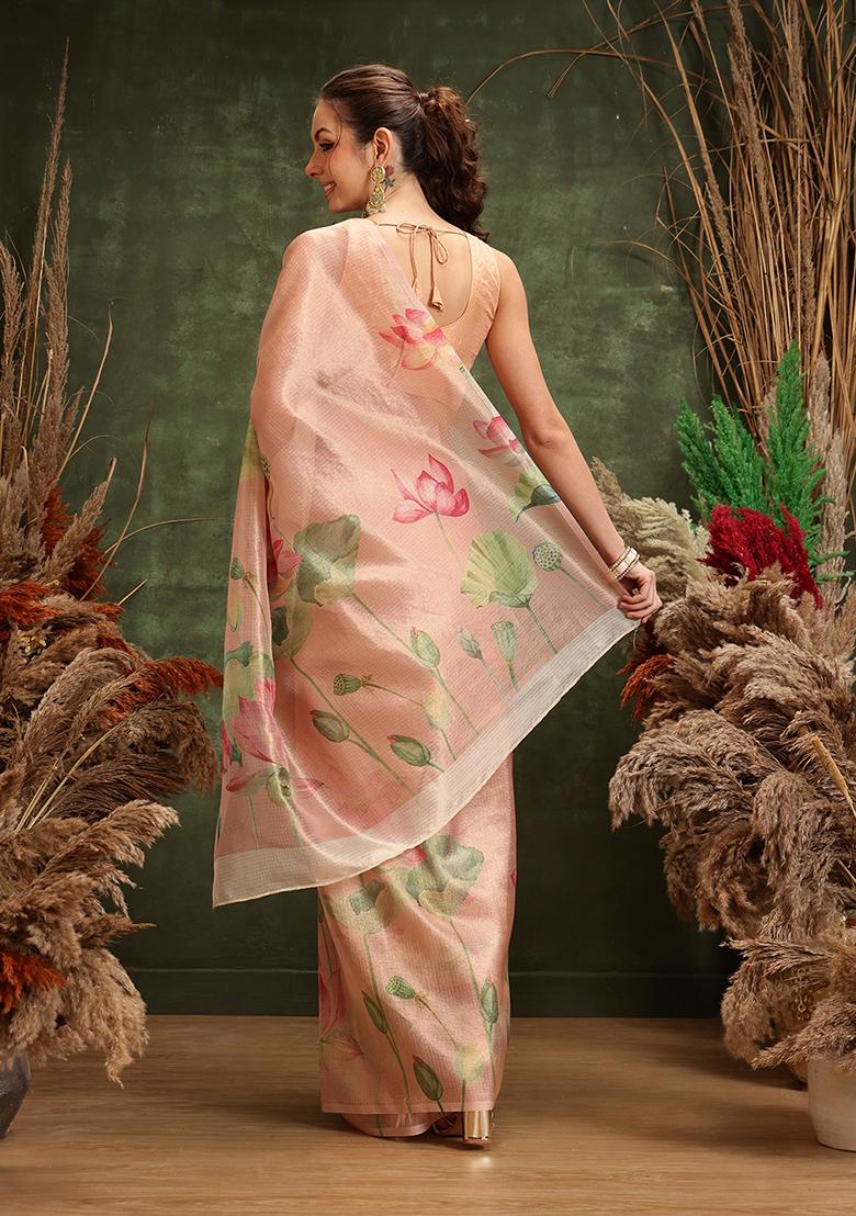 Peach Printed Tissue Silk Saree