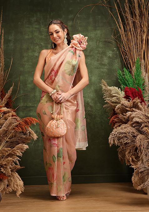 Peach Printed Tissue Silk Saree