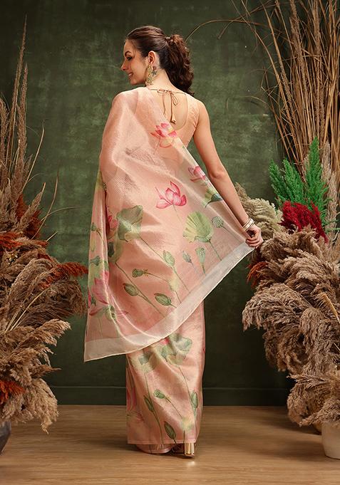 Peach Printed Tissue Silk Saree