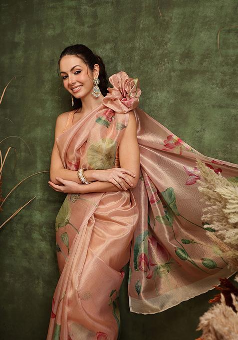 Peach Printed Tissue Silk Saree