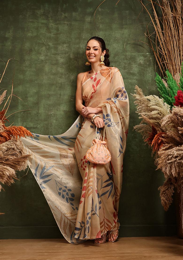 Off White Printed Tissue Silk Saree