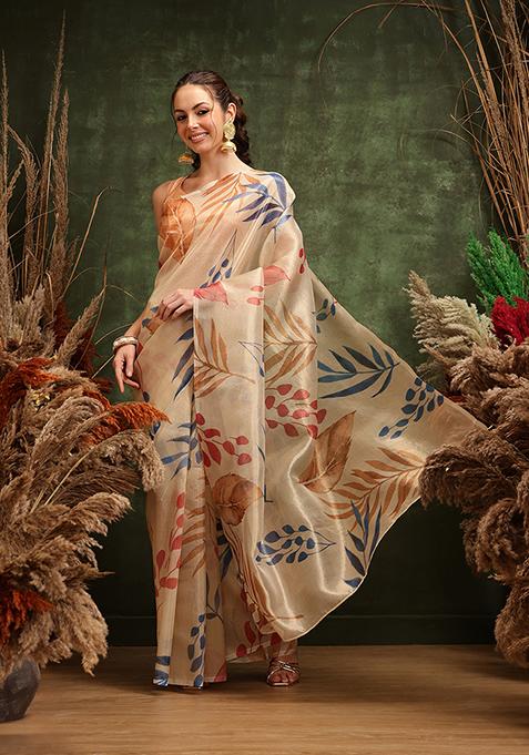 Off White Printed Tissue Silk Saree