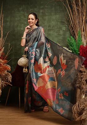 Teal Printed Tissue Silk Saree