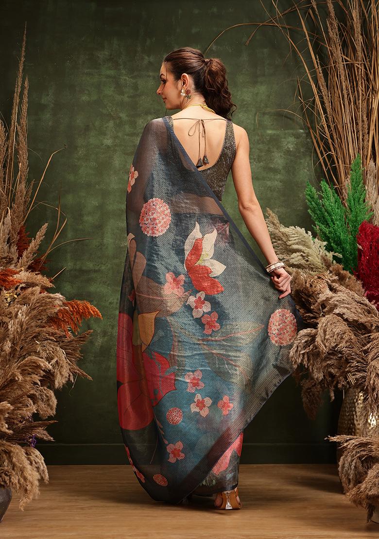 Teal Printed Tissue Silk Saree