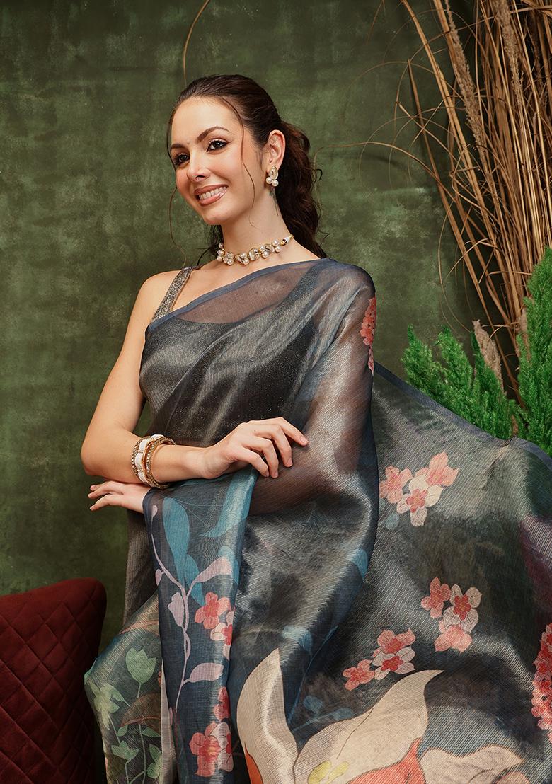 Teal Printed Tissue Silk Saree