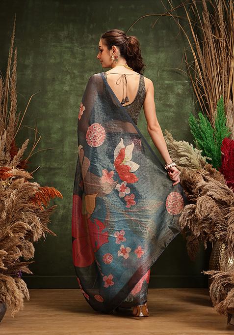 Teal Printed Tissue Silk Saree