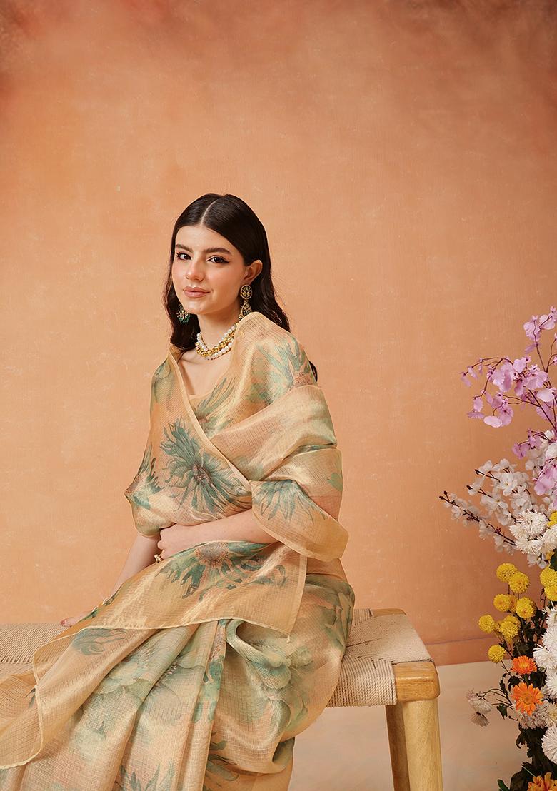 Beige Printed Tissue Silk Saree