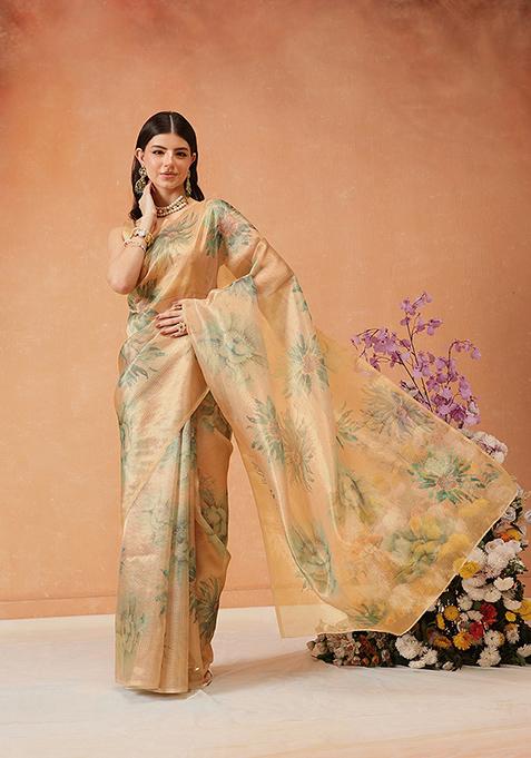 Beige Printed Tissue Silk Saree