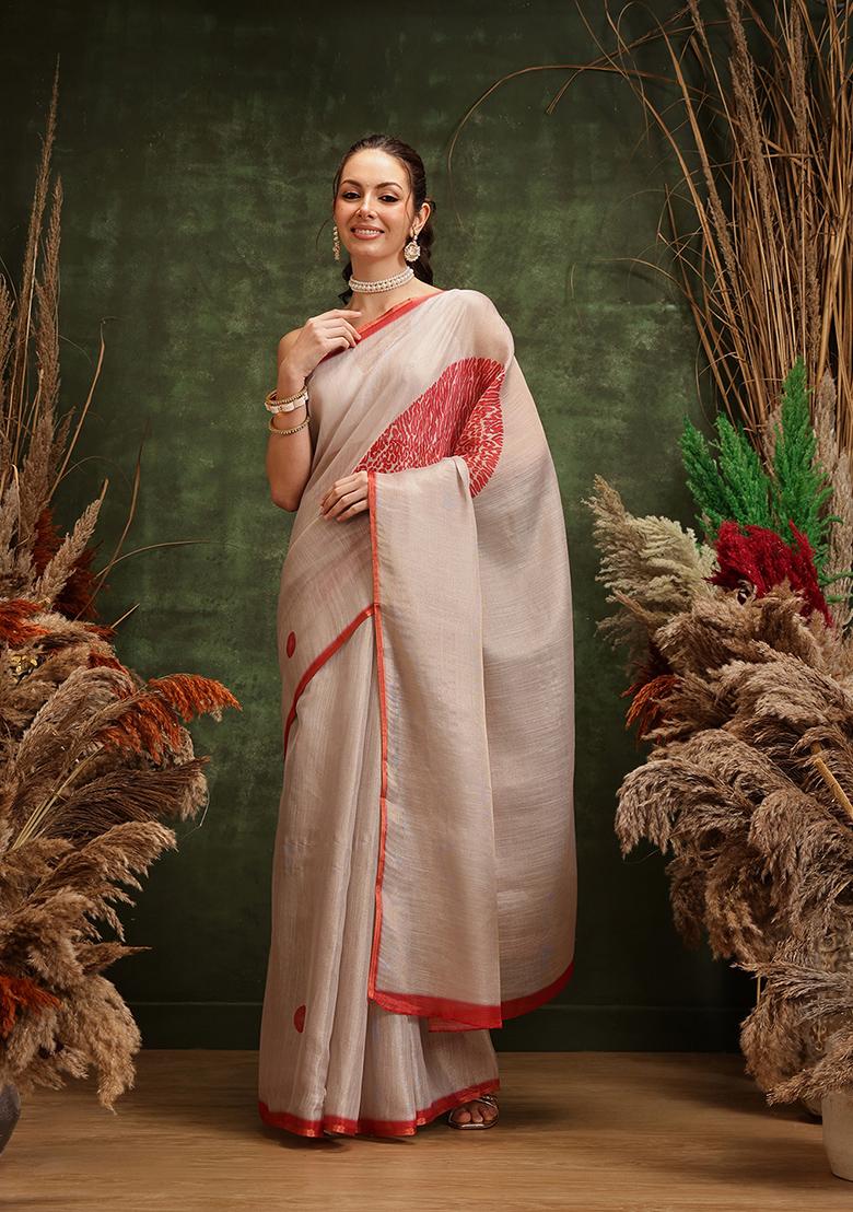 Cream Printed Tissue Silk Saree