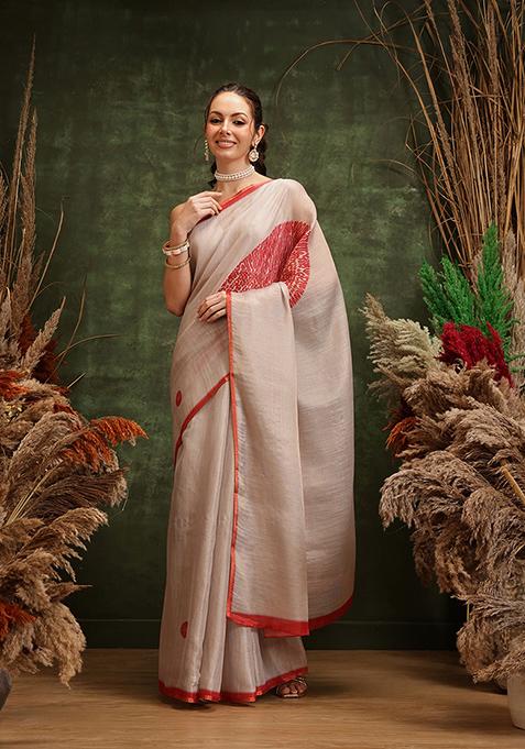 Cream Printed Tissue Silk Saree