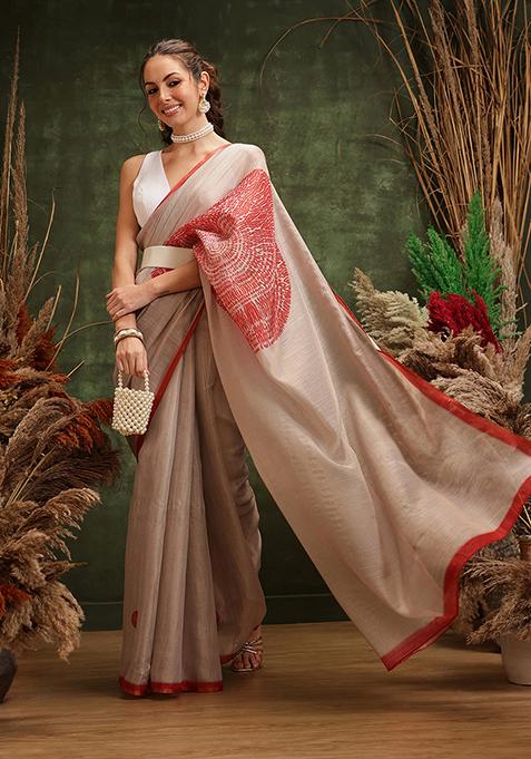 Cream Printed Tissue Silk Saree