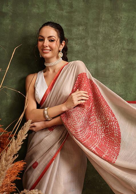 Cream Printed Tissue Silk Saree