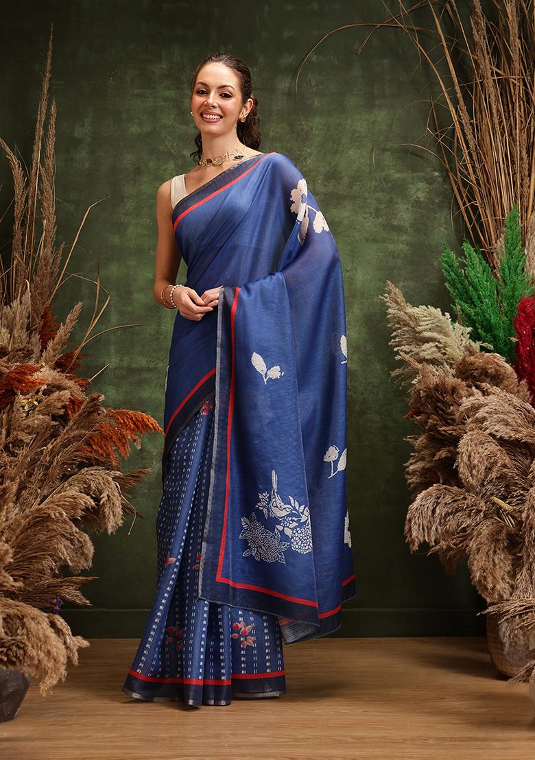 Navy Blue Printed Tissue Silk Saree