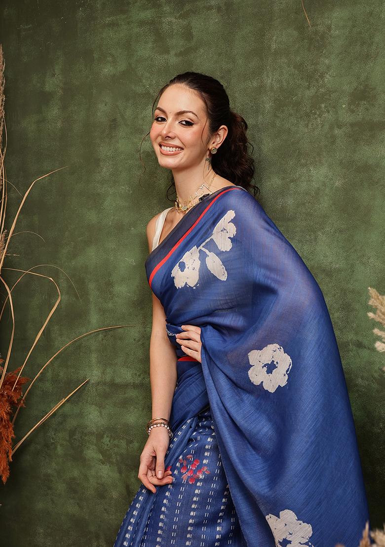 Navy Blue Printed Tissue Silk Saree