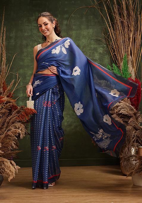 Navy Blue Printed Tissue Silk Saree