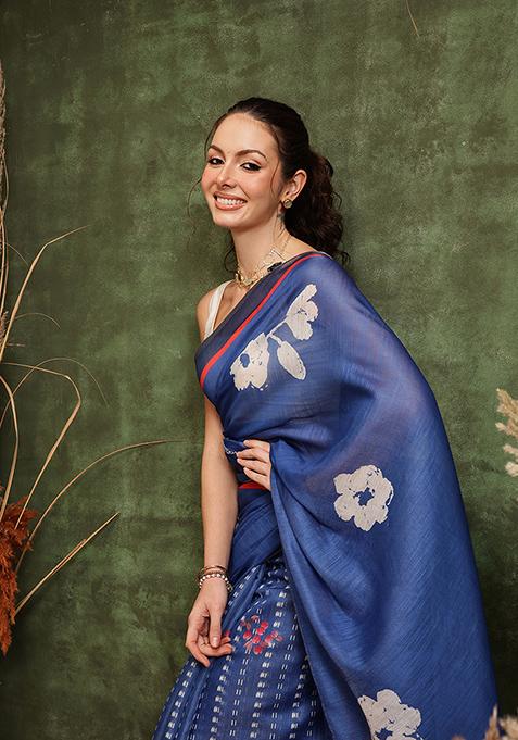 Navy Blue Printed Tissue Silk Saree
