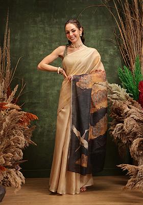 Navy Blue Printed Tissue Silk Saree