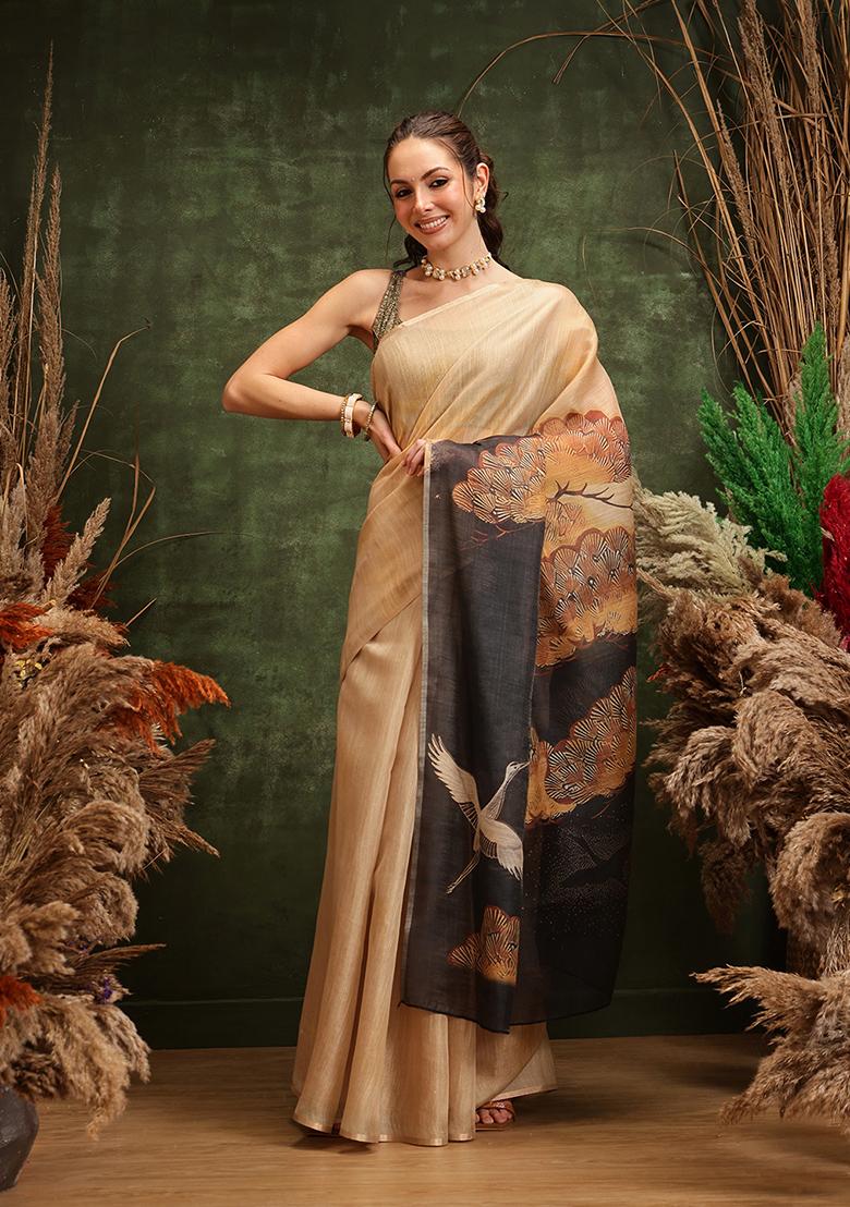 Navy Blue Printed Tissue Silk Saree