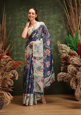Blue Printed Cotton Saree