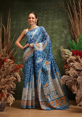Blue Printed Cotton Saree
