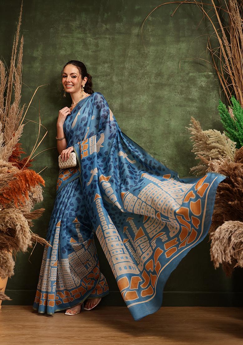 Blue Printed Cotton Saree