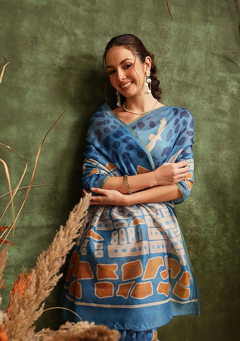 Blue Printed Cotton Saree