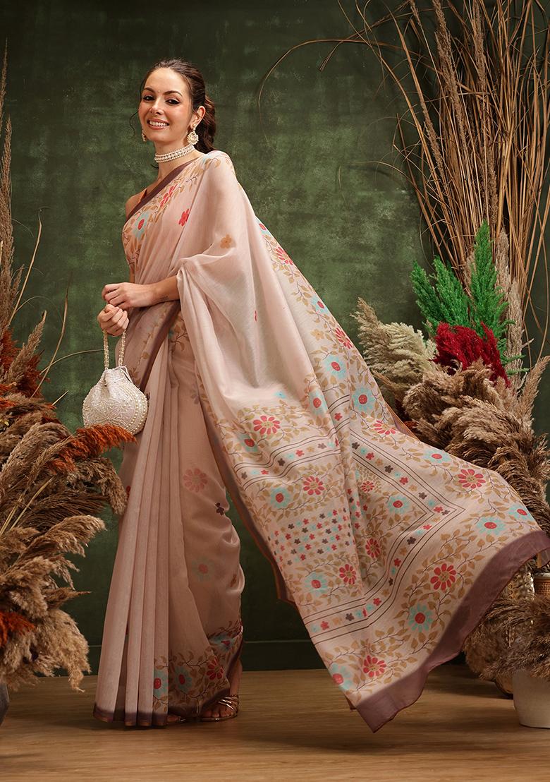 Peach Printed Cotton Saree